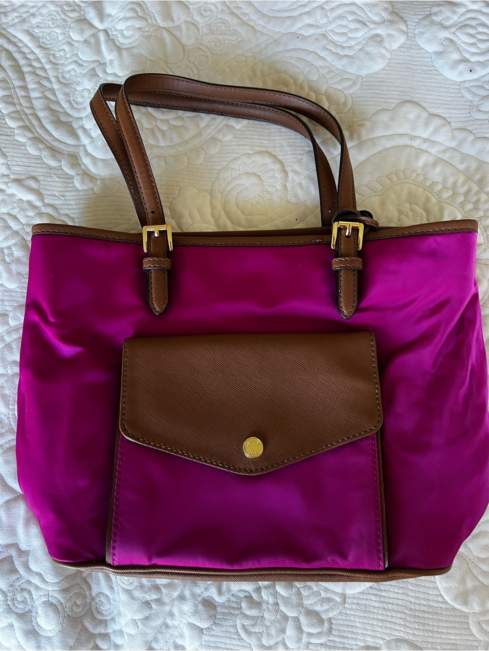 Michael Kors Fuchsia Nylon Tote with Brown Leather Trim
